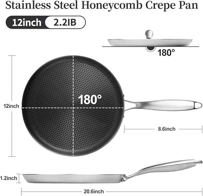Innerwell Stainless Steel Crepe Pan - 12 Inch Nonstick Crepe Pan, Stainless Steel Honeycomb Coating Pancake Pan, Non Stick Flat Skillet Tawa Dosa Tortilla Griddle Pan, Induction Compatible, PFOA Free