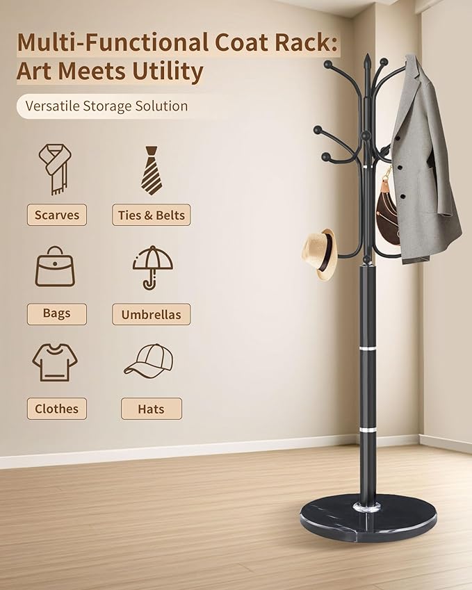 EZIVIEZ Modern Coat Rack Stand, Metal Freestanding Coat Rack with Natural Marble Base, Heavy-Duty Coat Racks with 12 Hooks,Black Coat Hanger Tree Stand for Office, Entryway, Hallway