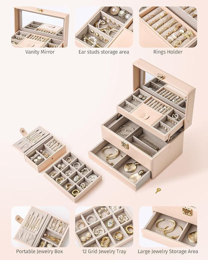 CASEGRACE Jewelry Organizer Box,3 Layers Leather Jewelry Storage Case with Portable Jewelry Case, Removable Jewelry Tray, Home and Travels Storage,Gift for Women (pink)