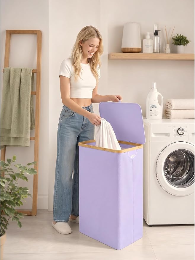 Laundry Hamper with Lid, 110L Large Laundry Basket with Removable Bag, Clothes Basket Hamper with Bamboo Frame for Clothes Towels Organizer- Purple