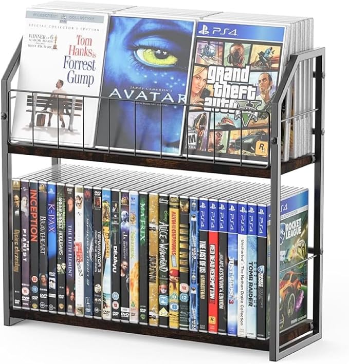 2-Tier DVD Storage Rack, DVD Shelf for Non-slip Feets, DVD Holder Display with 10lb per Tier, Stores Up to 56 DVDs, Display Organizer Tower for Music Enthusiasts and Collection