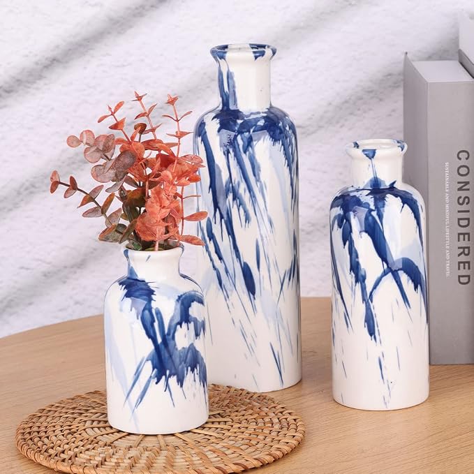 Blue Ceramic Vase Set - 3 Decorative Navy Blue and White Vase for Centerpieces, Farmhouse and Home Decor - Ideal for Living Room, Kitchen, Bedroom, Dining Table and Office Decor