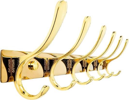SKOLOO Heavy Duty Wall Mounted Coat Rack - 6 Hooks, Stainless Steel, Sturdy Coat Hooks for Hanging Coats, Jacket, Clothes, Hat, Bright Gold