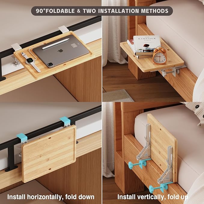 Magheo Bedside Shelf Wood, Foldable Clip-On Bunk Bed Table Shelf for Top Bunk Space Saving Bed Side Table Tray for College Dorm Room Essentials, Loft Nightstand Organizer Tray with 2 Cord Hole