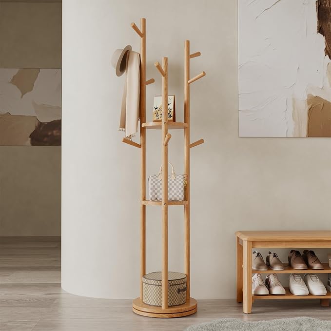 Muwuele Solid Wood Rotary Coat Rack, Freestanding Coat Rack with 3 Shelves and 9 Hooks, Coat tree for Bedroom, Entryway, Livingroom, Coat Hanger Stand for Coats, Scarves, Handbags (Natural)
