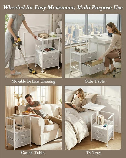 Faesun Swivel Lift Top Nightstand with Charging Station, Rolling Side Table for Recliner, Bedside Table with Wheels & 2 Fabric Drawers, for Small Spaces, for Bedroom, Living Room, White Gray