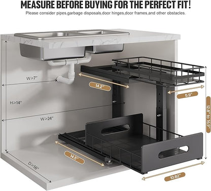 Under Sink Organizer Upgrade To Professional Rails,2-Tier Dual Pull Out Cabinet Storage,Height Adjustable Slide Out Drawers For Bathroom Kitchen,2 Pack-14.5" Dx12.8-16.9" H,Black