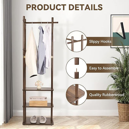 Wood Coat Rack Freestanding Clothing Rack with 3 Storage Shelves and 5 Hooks Coat Tree Heavy-Duty Garment Rack for Corner Entryways Living Rooms and Bedrooms, Walnut