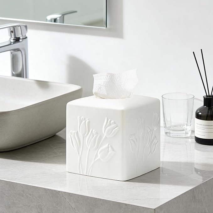 White Ceramic Tulips Tissue Box Cover - Modern Square Decorative Organizer for Facial Tissues, Farmhouse Style Home Decor for Bathroom, Bedroom, Living Room & Office