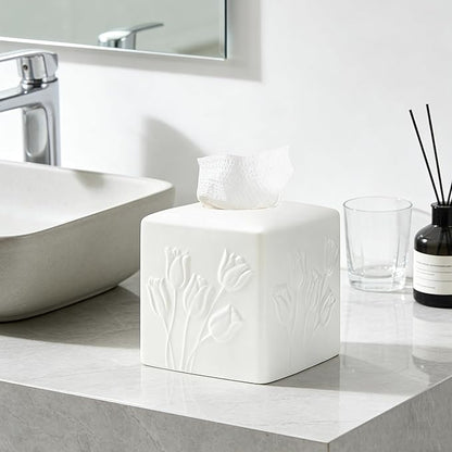 White Ceramic Tulips Tissue Box Cover - Modern Square Decorative Organizer for Facial Tissues, Farmhouse Style Home Decor for Bathroom, Bedroom, Living Room & Office