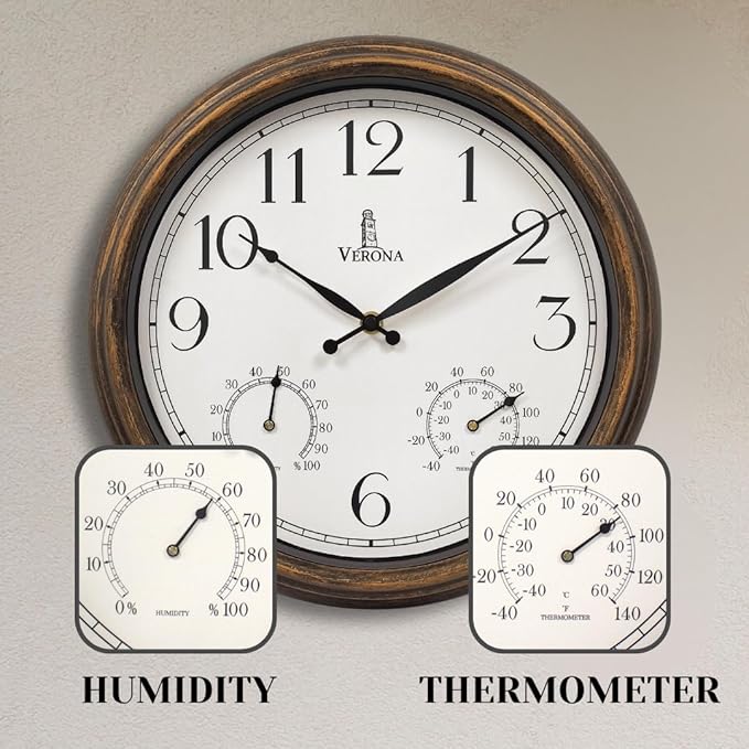 Outdoor Clocks for Patio Waterproof with Thermometer - 14 inch Indoor Outdoor Clock with Temperature and Humidity - Weatherproof, Accurate & Easy to Read Wall Clock for Pool, Patio, Garden &Home Decor