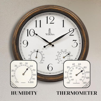 Outdoor Clocks for Patio Waterproof with Thermometer - 14 inch Indoor Outdoor Clock with Temperature and Humidity - Weatherproof, Accurate & Easy to Read Wall Clock for Pool, Patio, Garden &Home Decor
