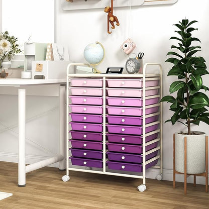 GOFLAME 20-Drawer Rolling Storage Cart, Multifunctional Art Craft Organizer Cart, Mobile Utility Storage Cart with Removable Drawers & Lockable Wheels, Craft Cart for Home Office, Purple Gradient