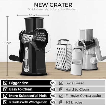 SUSTEAS Rotary Cheese Grater with Handle - Vegetable Shredder with 5 Well-designed Blades & Strong Suction Base,Round Mandoline Slicer & Food Chopper for Kitchen,with Blade Storage Box(Black)