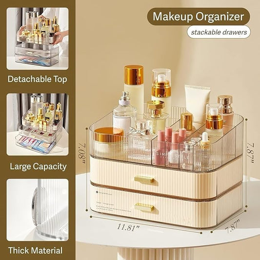 Makeup Organizer with Stackable Drawers, Bathroom Countertop Vanity Organizers and Storage, Ideal for Desk and Dresser, Great for Cosmetics, skin Care, Lipsticks, Nail Care -Cream White