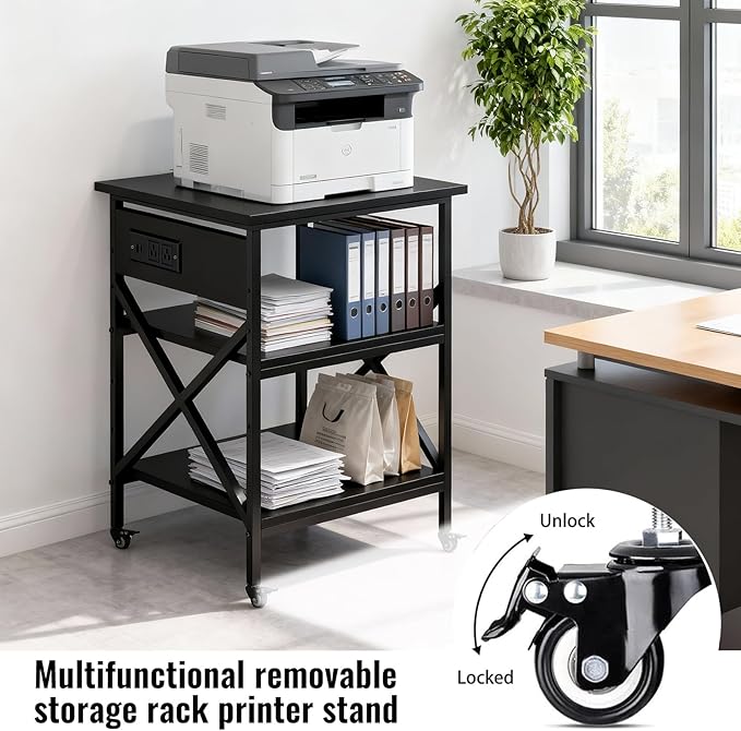 TUMAN Pro Large Printer Stand with Power Outlet and Storage 3 Tier Mobile Rolling Cart with Locking Casters 23.6 x 23.6 x 30 Inches Home Office Black