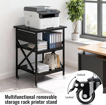 TUMAN Pro Large Printer Stand with Power Outlet and Storage 3 Tier Mobile Rolling Cart with Locking Casters 23.6 x 23.6 x 30 Inches Home Office Black