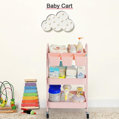 danpinera 3-Tier Rolling Cart, Utility Cart Mobile Metal Rolling Storage Cart with Lockable Wheels & Hanging Cups & Hooks for Kitchen, Bathroom, Office, Workshop, Pink