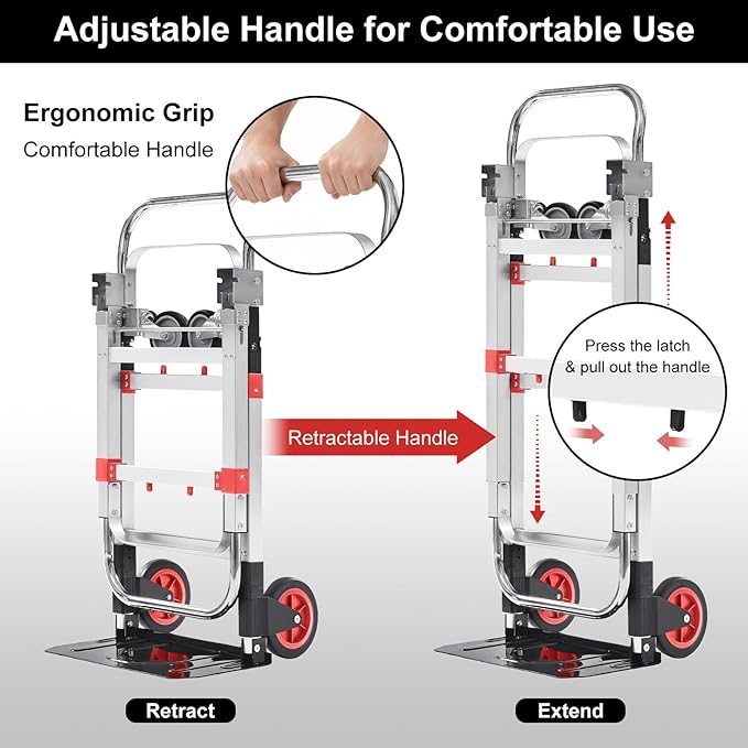 Folding Hand Truck Dolly, 500 lbs Heavy-Duty Convertible Cart, Aluminum Alloy Collapsible Design with Silent Rubber Wheels, Adjustable Handle, Flat Fold for Moving, Home, Office (red)