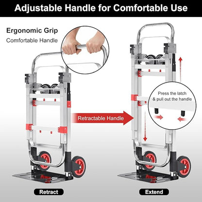 Folding Hand Truck Dolly, 500 lbs Heavy-Duty Convertible Cart, Aluminum Alloy Collapsible Design with Silent Rubber Wheels, Adjustable Handle, Flat Fold for Moving, Home, Office (red)