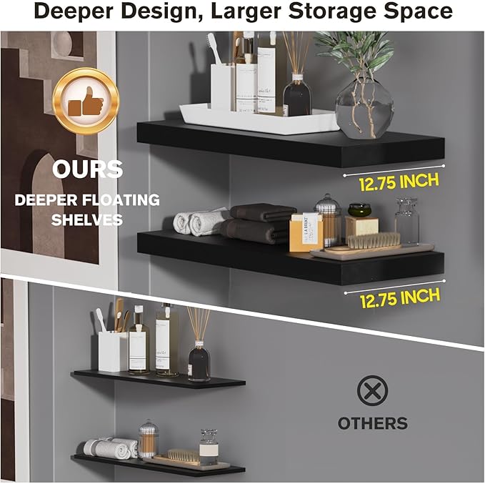 JPND Floating Shelf, Set of 2 Wall Shelf, 24 in W x 12.75 in D x 2 in H Wooden Floating Wall Shelf with Invisible Brackets for Living Room/Bedroom/Bathroom/Kitchen Storage and Decor, Black