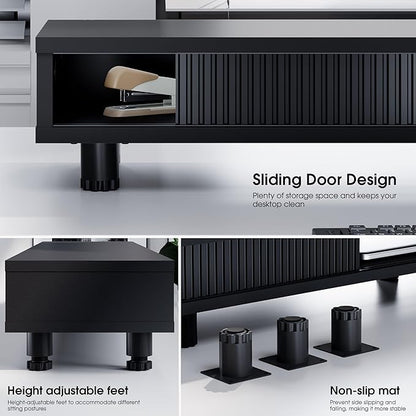 Fenge Dual Monitor Stand, 42.5inch Long Monitor Stands Riser for 2 Monitors, Sliding Door with Storage Organizer Stand for Desk, 2 Tier Desk Shelf for Laptop, Pc, Printer, Computer, TV