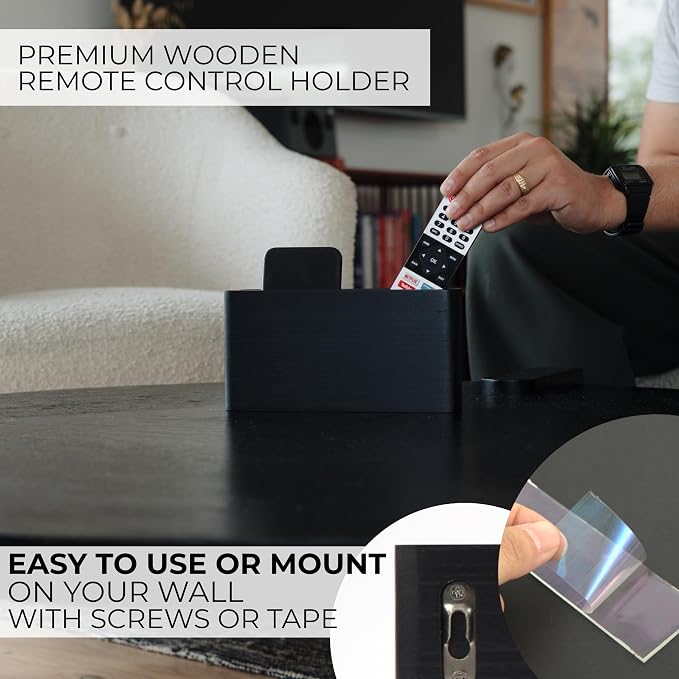 KIBAGA Premium Wooden Remote Control Holder - Easy Install Adhesive Wall Mount Caddy Keeps 3-4 TV Remotes Neatly Organized - Stylish Natural Wood Organizer is Perfect for Any Bed Or Living Room Wall