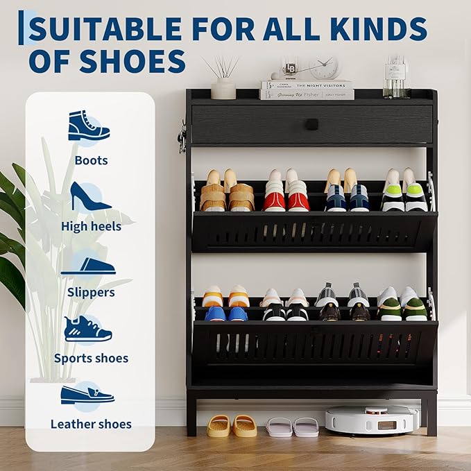 Garvee 2 Flip Drawer Shoe Cabinet with Adjustable Shelves, Hidden Shoe Organizer with Top Drawer, Freestanding Wooden Shoe Rack for Entryway, Hallway, Living Room, Black