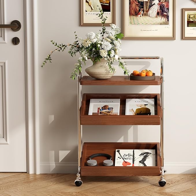 Solid Wood Rolling End Table Cart with Adjustable Storage - 3-Tier Stainless Steel Fame Side Table on Wheels Narrow Bedside Storage Table Small Bar Serving Cart for Living Room