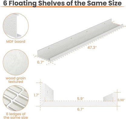 upsimples Floating Shelves for Wall, 47.3 Inch Shelves for Decor Storage Set of 6, Wall Mounted Wood Shelf for Bedroom, Living Room, Bathroom, Kitchen, Long Picture Ledge Shelves, White