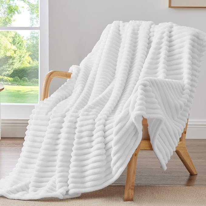BEDELITE Fleece Throw Blanket for Couch - 300GSM Soft & Warm Fluffy White Blanket, Decorative and Giftable Striped Blankets for Women, Men, 50"x60"