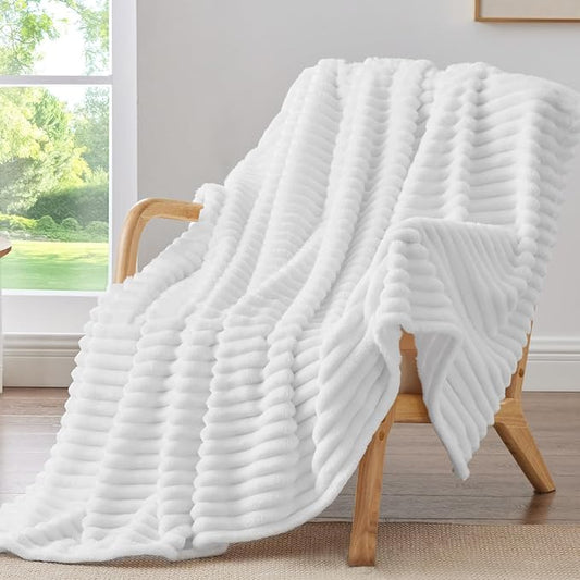 BEDELITE Fleece Throw Blanket for Couch - 300GSM Soft & Warm Fluffy White Blanket, Decorative and Giftable Striped Blankets for Women, Men, 50"x60"