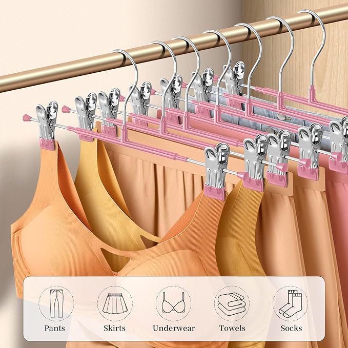 Pants Hangers with Clips 10 Pack Adjustable Skirt Hangers for Women Non-Slip Trousers Hanger for Jeans Clothes Hangers for Pants Heavy Duty Space Saving Shorts Hangers,Pink,12Inch