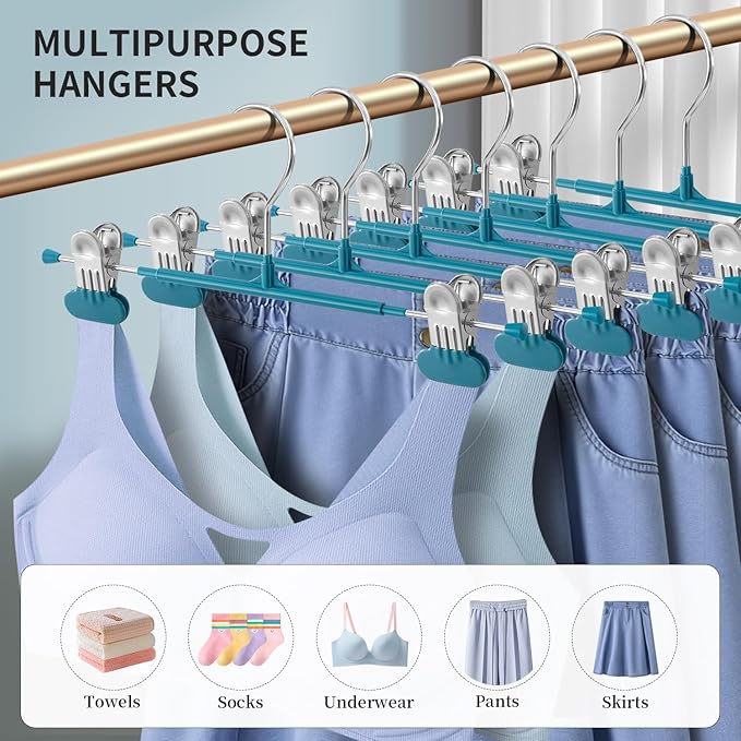 14Inch Clothes Pants Hangers with Wide Clips 20 Pack,Non-Slip Adjustable Skirt Hanger for Women,Space-Saving Heavy Duty Men Hangers for Pants,Trousers,Jeans,Shorts,Blue