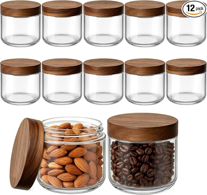 Bumobum 8 oz Glass Mason Jars with Lids, Small Glass Container with Acacia Wood Airtight Lid, Wide Mouth Canisters for Chia Pudding Loose Tea Coffee Salad Snacks Yogurt Spice, 12-Pack