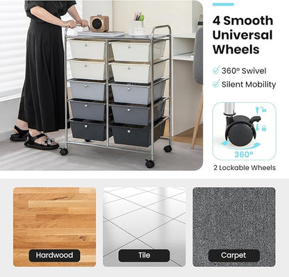 Giantex 10 Drawers Rolling Cart, Classroom Organizers, Storage Cart with Wheels, for Teacher Office Home School Supplies Tool Craft Art Paper, Gray Gradient