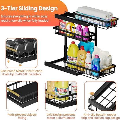 Under Sink Organizer and Storage for Bathroom and Kitchen - 2 Pack 3 Tier Under Cabinet Pull Out Shelf Organizers - Slide Out Drawer Organization for Home Cabinets Shelves and Drawers