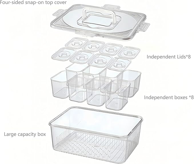 Snackle Box Container, 12.6 * 9.65 * 3.54” with 8 Independent compartments with Lids for lunch/Snack/Fruit/Veggie Storage, Organizers for Pantry/Refrigerator/Closet/kitchen