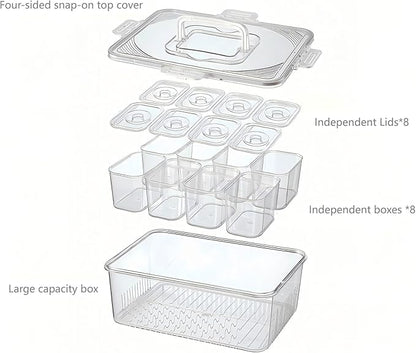 Snackle Box Container, 12.6 * 9.65 * 3.54” with 8 Independent compartments with Lids for lunch/Snack/Fruit/Veggie Storage, Organizers for Pantry/Refrigerator/Closet/kitchen