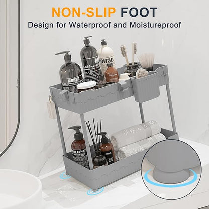 Sevenblue 2 Pack Under Sink Organizer, Under Bathroom Cabinet Organizer with Hooks Hanging Cup, Multi-Purpose Storage Shelf for Kitchen Bathroom (Gray, 12.8 Inch)