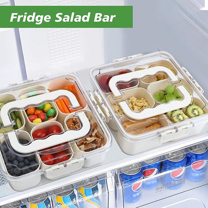 SMALL Divided Serving Tray with Lid and Handle, Portable Snack Box Container, 6 Compartments Veggie Fruit Snackle Tray, Charcuterie Platter Container for Party, Nuts, Snacks, Picnic,2 Pack, SMALL SIZE