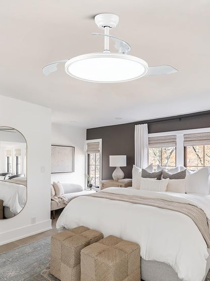 42 inch Retractable Ceiling Fan with Lights, White Low Profile Ceiling Fan with 3CCT Dimmable 6 Speeds Quiet Reversible DC Motor, Modern Fandelier for Living Room Dinning Room Kitchen