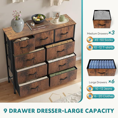 OLIXIS Dresser for Bedroom, 9 Storage Drawers, Wide Fabric Closet Chests Organizer Tower Furniture, TV Stand with Wooden Top Metal Frame for Clothes, Living Room, Hallway, Entryway, Rustic Brown