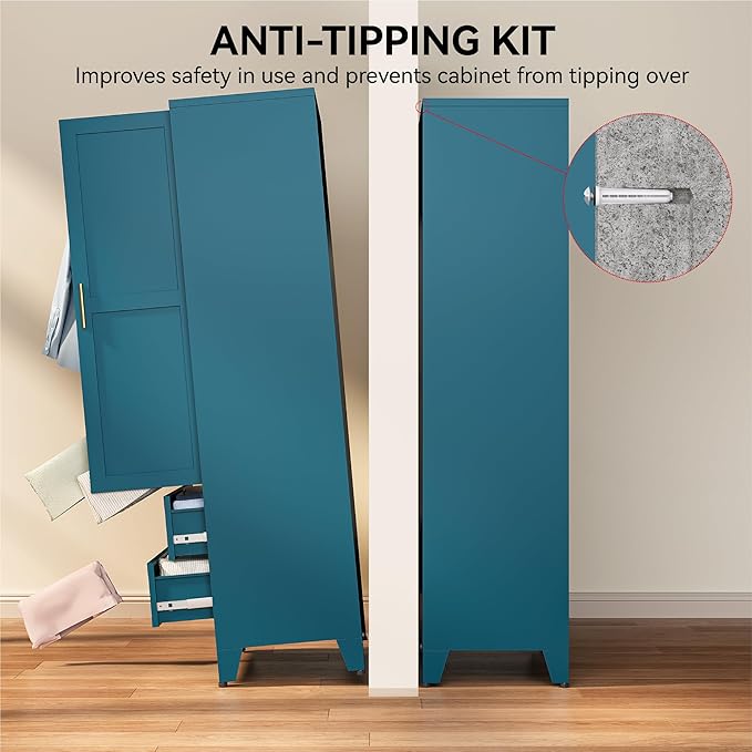 COFaR Armoire Wardrobe Closet with 2 Drawers, 71" Metal Storage Cabinet with Hanging Rod, Freestanding 2-Door Closet with Adjustable Shelf (Peacock Blue)