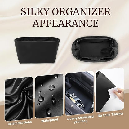 Purse Organizer Insert, Satin Tote Bag Organizer with 8 Sizes, Handbag Dividers for Inside Purse, Compatible with Longchamp, Neverful, 25C Hobo and More Bags（Medium,Black）