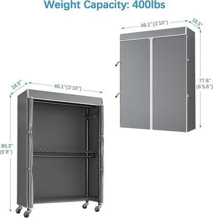 VIPEK R2C Plus Heavy Duty Rolling Garment Rack with Cover Clothing Racks for Hanging Clothes Portable Closets with Adjustable 3 Wire Shelves, Double Rods, Black Rack with Grey Upgraded Polyester Cover