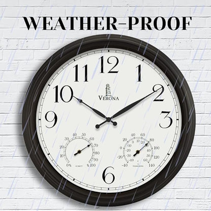 24 inch Outdoor Clocks for Patio Large Waterproof with Thermometer - Black Outdoor Wall Clock with Temperature and Humidity Combo - Weatherproof, Accurate & Easy to Read for Pool, Garden & Home Decor