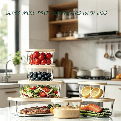 KEMETHY 7 Pack Glass Food Storage Containers with Lids,Stackable BPA Free Glass Meal Prep Containers,Glass Lunch Containers with Lids for Kitchen Storage and Organization- Baking, Microwave, Oven