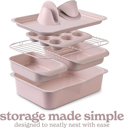 Country Kitchen Nonstick Stackable Bakeware Set - Deluxe Heavy Duty, Durable, Easy Release Baking Set, 8 Pcs, Pink