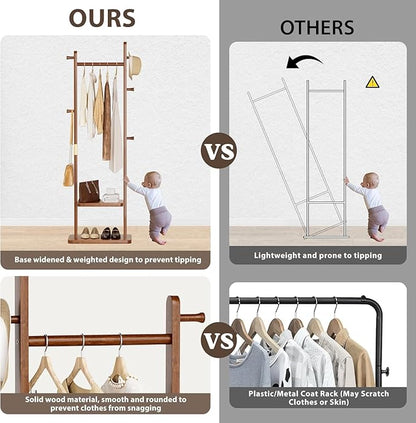 Solid Wood Coat Rack Clothes Rack, Coat Rack Freestanding with 2 Shelves and 5 Hooks, Heavy Duty Coat Tree for Entryway, Living room, Coat Hanger Stand for Hats, Bags Clothes(Walnut Brown)